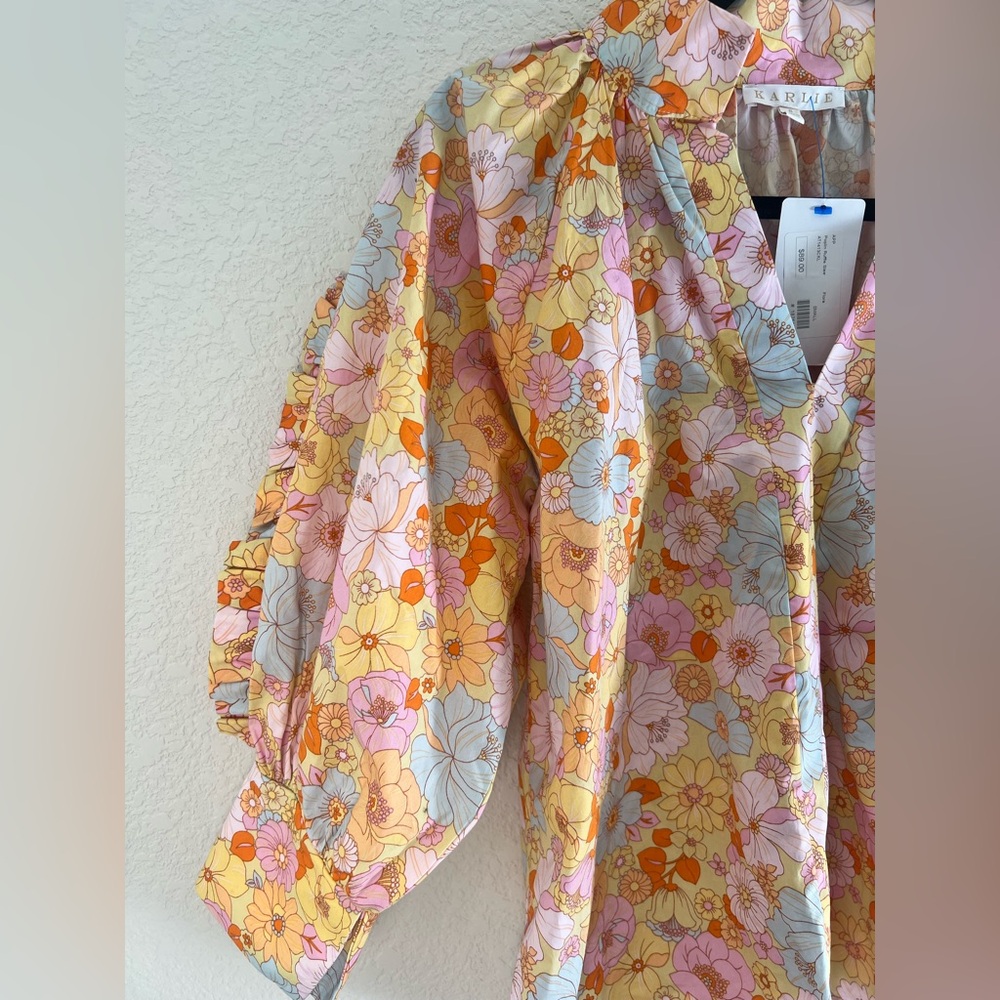Karlie Floral Poplin Bright V-Neck Top Ruffle Sleeves Summer/Spring NWT - Picture 5 of 8